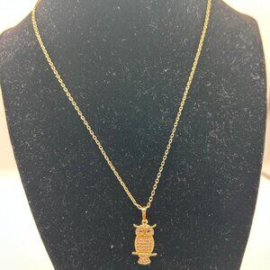 Gold Colored Rhinestone Owl Charm Chain Link 16in Necklace